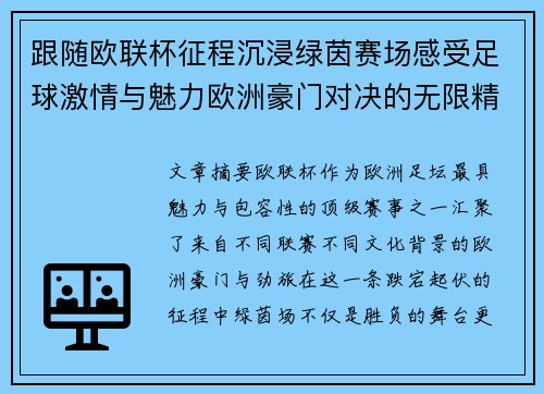 跟随欧联杯征程沉浸绿茵赛场感受足球激情与魅力欧洲豪门对决的无限精彩