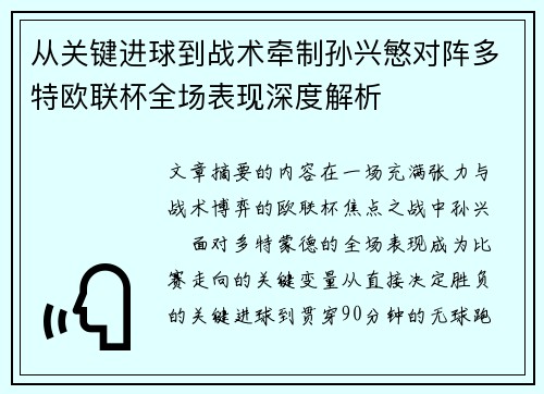 从关键进球到战术牵制孙兴慜对阵多特欧联杯全场表现深度解析